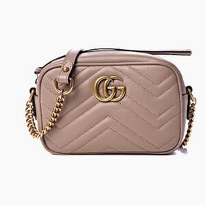 Gucci GG Marmont Matelasse Crossbody Bag with Gold/Leather Chain Dusty Pink